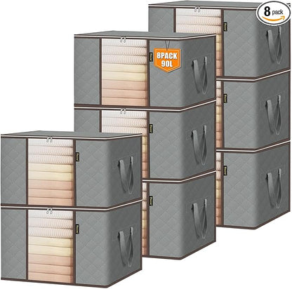 BALEINE 8 Pack Clothes Storage Bags, 24 Gallon Storage Containers with Reinforced Handle Sturdy Zipper, Closet Storage for Blanket Comforter Pillow Bedding (Grey, 8 Pack)
