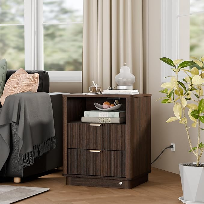 BONITURE Fluted Nightstand, Curved Night Stand with Charging Station Lighting, Wood End Table with 2 Drawers, Modern Side Table Storage Cabinet for Bedroom Office,(1, Walnut)