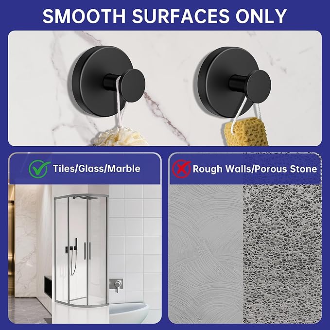 luckin smile Suction Cup Hooks for Shower, No-Drill Removable Towel Hooks for Bathrooms, Suitable for Kitchens, Windows, Glass, Tile, Waterproof & Rustproof Powerful Suction Cup Hook (2, Black)