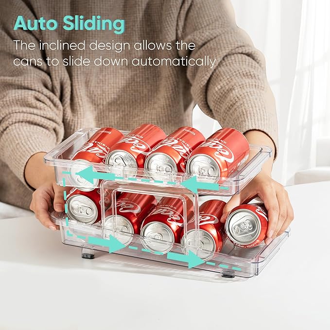 VUSIGN Expandable Soda Can Organizer 2 Pack, Adjustable Width Can Dispenser for Refrigerator 6.1''-9.38'' W, Drink Organizer for Fridge, Can Holder for Standard and Tall Can, Clear