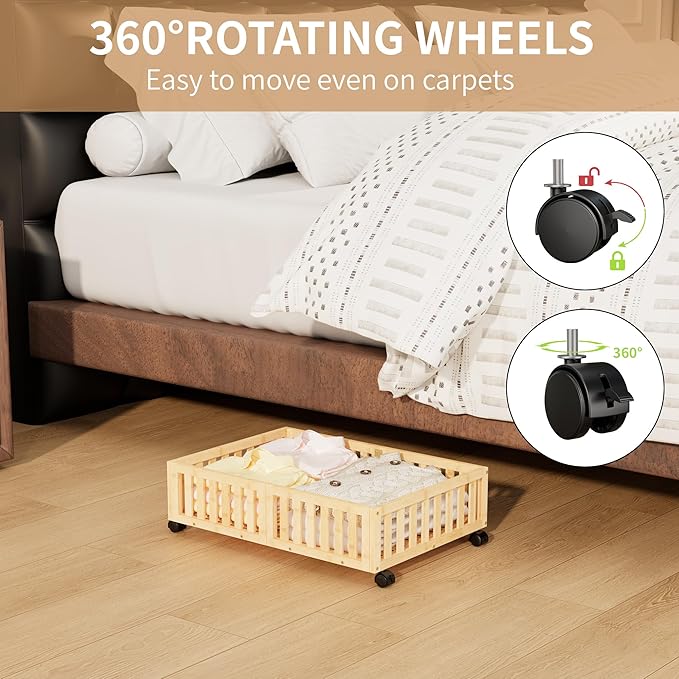 Bamboo Under Bed Storage with Wheels Rolling Underbed Shoe Organizer Box for Shoes, Blankets, Toys, Clothes Container Space-Saving Organizer Bins for Bedroom, Closet, Dorm, Nursery