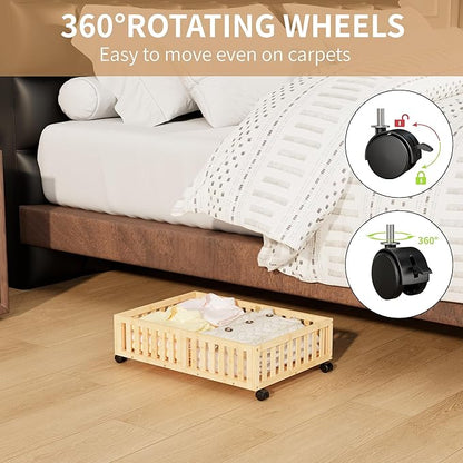Bamboo Under Bed Storage with Wheels Rolling Underbed Shoe Organizer Box for Shoes, Blankets, Toys, Clothes Container Space-Saving Organizer Bins for Bedroom, Closet, Dorm, Nursery