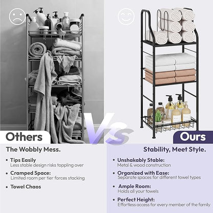 SWTYMIKI Free Standing Towel Rack - 3 Tier Towel Racks for Bathroom with M-Shaped Dividers, Durable Metal Towel Holder, Pool Towel Rack, Space-Saving Towel Storage Organizer, Modern Bath Towel Shelf