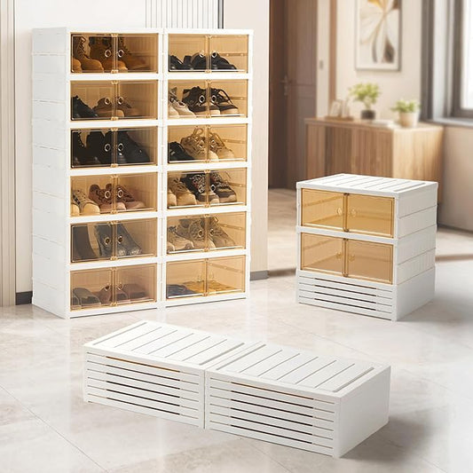 Folding Shoe Rack Storage Device,Large Plastic Folding Shoe Cabinet, Easy to Assemble Shoe Rack Storage Cabinet with Transparent Door Magnetic Buckle (6 Layers, 2 Groups, 24 Pairs)