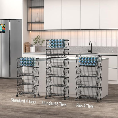 PUSDON Stackable Metal Storage Carts, Dual Use Shelf for Kitchen Fruit Vegetable Baskets with Wheels, Storage Rack for Living Room, Home & Office, Standard Black 6 Tiers