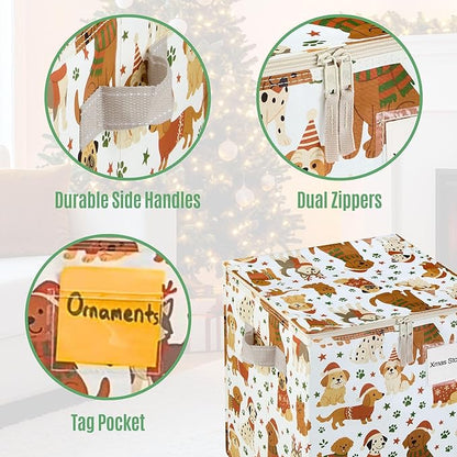 VENO 2 Pack Christmas Ornament Storage Box, Stores up to 64 Holiday Ornaments, Adjustable Dividers, Zippered Top, Storage bins with lids for holiday decorations-3 Inch Cube Compartments (Holiday Pups)