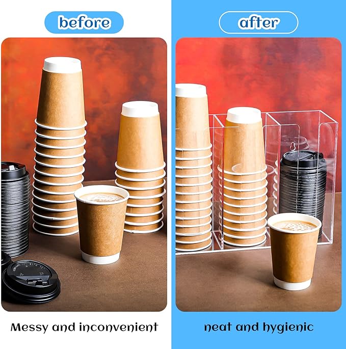 Cunhill 3 Compartments Acrylic Coffee Cup and Lid Dispenser Organizer Disposable Paper Cup Holder Coffee Shop Supplies Holder Storage for Station Home Countertop Bar Kitchen Party(Clear)