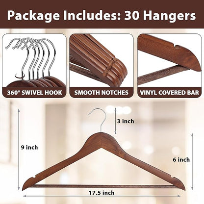 Kings Lifestyle Hub Wooden Hangers Premium Natural Wood Hanger Well Polished Ergonomic Design & Sharply Cut Notches with Swivel Hook (Brown, Pack of 30)