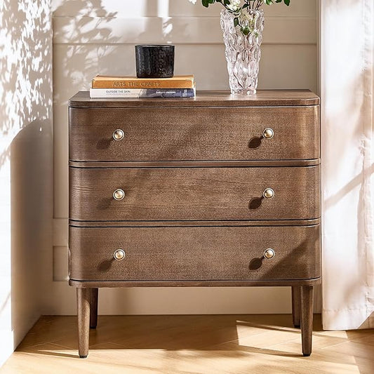 HULALA HOME Modern End Table with Charge Station, 3 Drawer Wood Side Table with Solid Wood Legs & Adjustable Feet, Curved Design End Table, Walnut