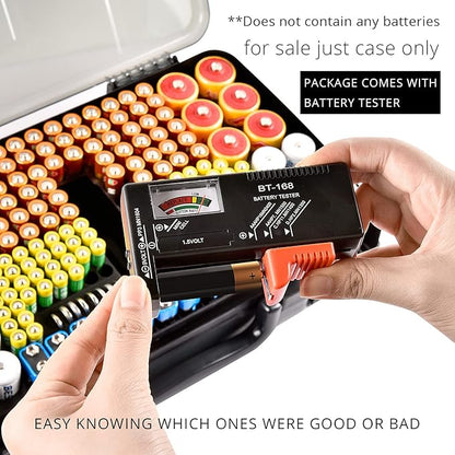 Battery Organizer Storage Holder Box Case with Tester- 269 Batteries Double-Sided Variety Pack, Holds AA AAA 4A C D Cell 9V 3V Lithium LR44 CR2 CR123 CR1632 18650 Button- Grey