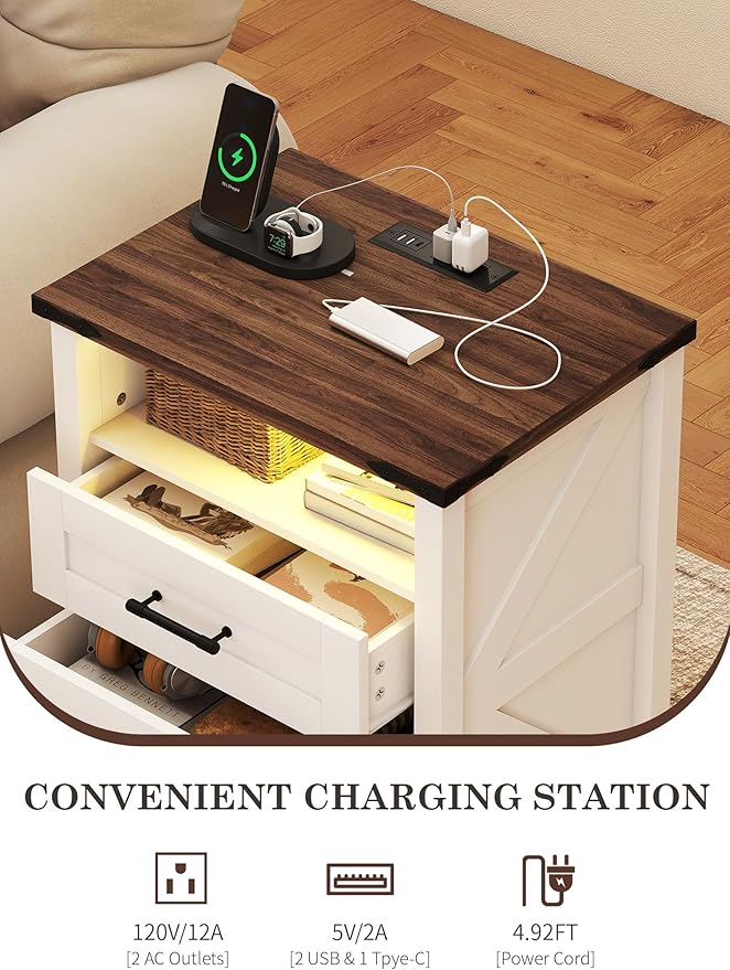 Suuiwau Farmhouse Nightstand with 3 Drawers and Open Storage Shelf, Modern Nightstand with Smart Human Sensor LED Light, Wood Bedside Table with Charging Station for Bedroom, Dorm, Office (White)