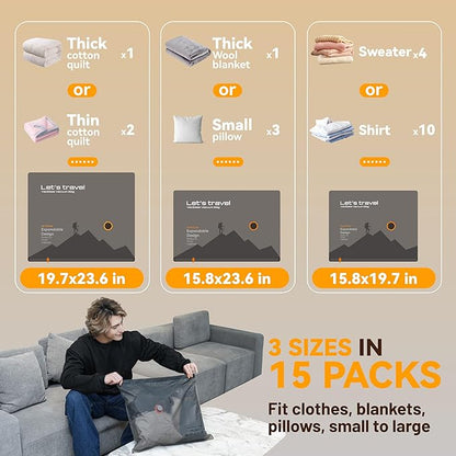 VACKFOX Rechargeable Wireless Pump Travel Storage Bags Set - 15 Pack Portable Space Saver Bags for Travel & Home - Vacuum Compression Packing Seal for Clothes, Blankets, Seasonal Storage