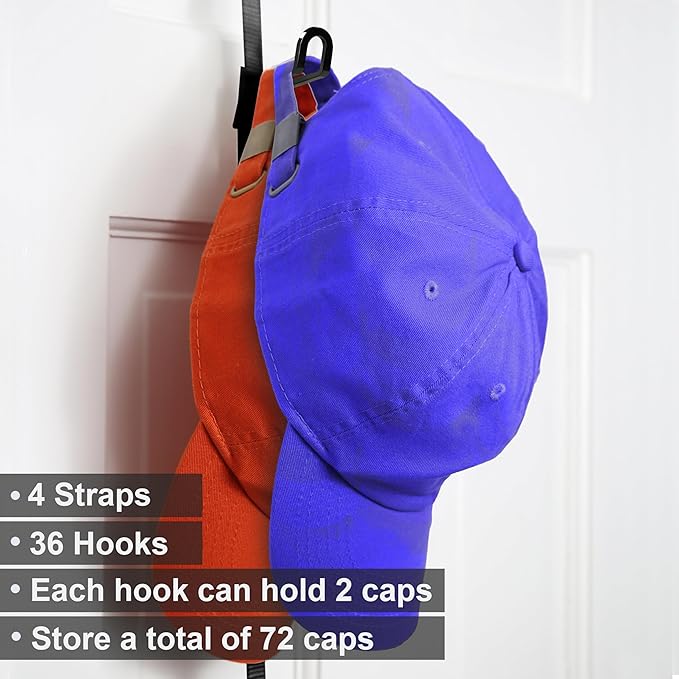 Perfect Curve Hat Organizer CapRack 2-Pack | Over-The-Door Hat Rack and Organizer | Baseball Cap Rack | Hat Rack for Door | Cap Organizer | 4 Straps | Holds 36 to 72 Adjustable Caps |Black