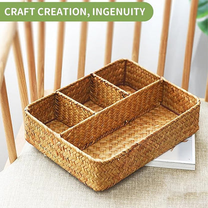 Wicker Baskets 4-Section Tea Bag/Sugar Packet Holder,Seagrass Woven Compartment Organizer,Storage Rattan Divided Basket,Office-Desk Baskets for Shelves,Pantry,Coffee Organizer,Countertops-Brown