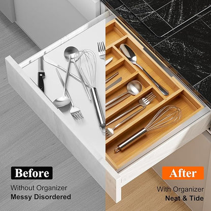 Expandable Large Kitchen Utensil Organizers Bamboo Silverware Drawer Organizer Tray Adjustable Flatware Organizer Fork Spoon Wood Cutlery Tray Cooking Utensils Holder Drawer Divider Silverware Trays