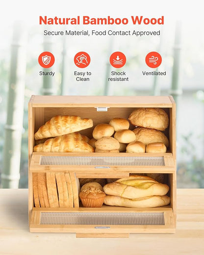 VEVOR Double Layer Bread Box for Kitchen Counter, Large Capacity Bamboo Bread Storage Container, Farmhouse Wooden Breadbox for Homemade Bread, Storage Holder Bin with Acrylic Wavy Door Panel, Natural