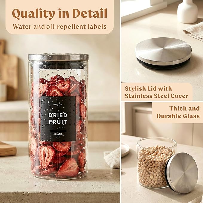 Glass Storage Containers with Stainless Steel Lids [Extra Thick Glas] with 54 Labels - Canister For Pantry Noodles Flour Cereal Rice Sugar Tea Coffee Beans - Round Set of 5x