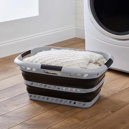 Collapsible Laundry Basket | Portable | Space Saver Storage | Hold 2 Loads | Store Under the Bed or Closet | Good for Kids | Dorm | Bedroom | Large | Grey/Black