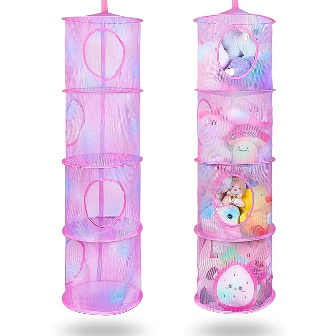 Basumee Stuffed Animals Net or Hammock 2 Pcs Stuffed Animals Storage Toy Net Hammock for Plushies Storage Organizer Mesh Kids Girls Room Decor, Pink, 4 Tiers