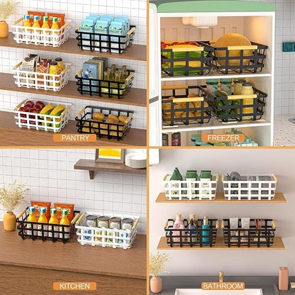 4 Packs Large Metal Storage Baskets,Farmhouse Baskets,Matte Black Pantry Organizer Baskets with Wood Handle, Metal Baskets Bins for Kitchen Pantry Shelf Cabinets