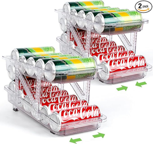 CECOLIC 2 Pack Drink Organizer for Refrigerator, Soda Can Dispenser, Adjustable Width Canned Food Pop Cans Container Beverage Holder for Fridge Organizing, Clear Plastic Storage Bins