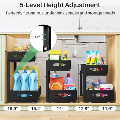Under Sink Organizer, 2 Tier Pull out Cabinet Organizer Baskets with Mesh Sliding Drawers, Slide out Storage Shelf for Home, Kitchen, Bathroom, Pantry, Office Cabinet, Countertop(1 Pack)