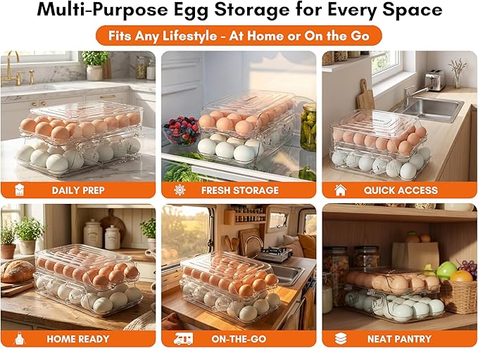 Egg Holder for Fridge (36 Eggs) | Automatic Rolling Dispenser for Refrigerator, Foldable | Fits All Egg Sizes Without Collision, Clear, Durable, BPA-Free with Lid | Gift: Egg Separator