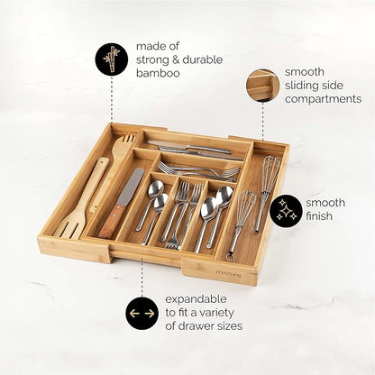 Masirs Expandable Bamboo Kitchen Drawer Organizer - Adjusts to Fit Drawer Size, Ideal for Silverware, Utensils, and Office Supplies, Durable Bamboo Construction