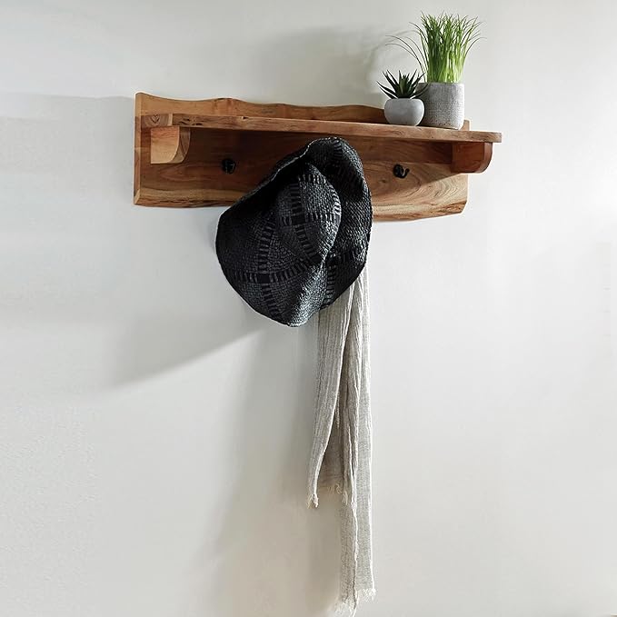 Alpine Natural Live Edge Wood Coat Hooks with Shelf – 36-Inch Wall-Mounted Home Storage Solution with Clear Finish and Unique Natural Wood Design by Alaterre Furniture
