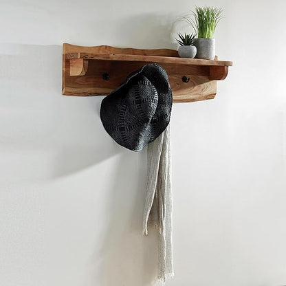 Alpine Natural Live Edge Wood Coat Hooks with Shelf – 36-Inch Wall-Mounted Home Storage Solution with Clear Finish and Unique Natural Wood Design by Alaterre Furniture