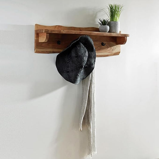 Alpine Natural Live Edge Wood Coat Hooks with Shelf – 36-Inch Wall-Mounted Home Storage Solution with Clear Finish and Unique Natural Wood Design by Alaterre Furniture