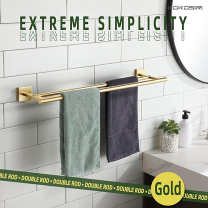 KOKOSIRI Bathroom Towel Bars Double Bath Towel Holders for Toilet Kitchen Cabinet Wall Mount 24 Inch Brushed Gold Stainless Steel B5005BG-L24