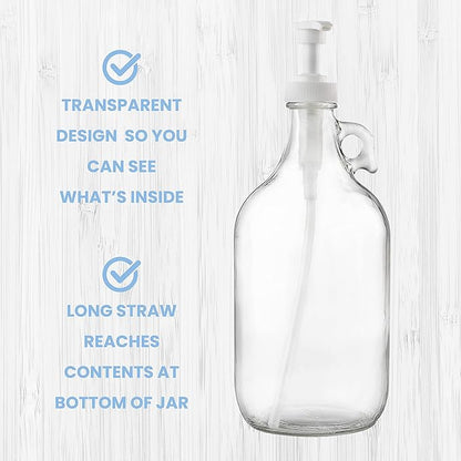 kitchentoolz Half Gallon Glass Pump Dispenser Bottle, Large Jug with Pump for Laundry Soap Dispenser, Liquid Detergent, Fabric Softener, Syrup Pump - 64 oz Made in USA