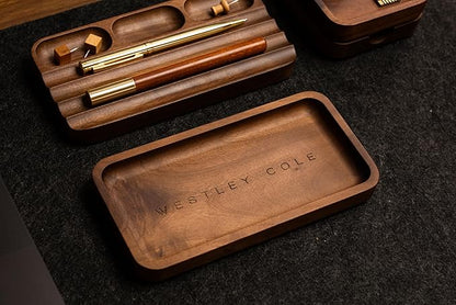 MUUJEE Engraved Wooden Desk Organization 4 Piece Set - for Desk Accessories Work Professional Office Teacher Dad Wood Tray Rustic Minimalist Organizer Pens Pencils Sticky Notes