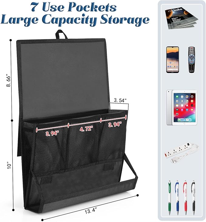 Retyion Bedside Storage Organizer with Power Strip Holder and Adjustable Straps Bed Hanging Bag for Home Bunk Bed Dorm Sofa (Black)