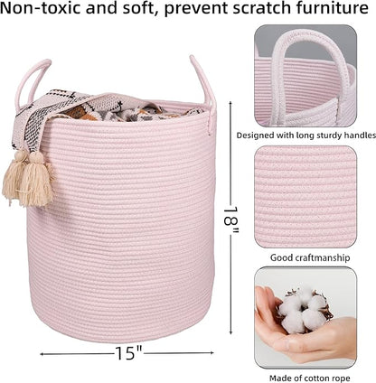Cotton Rope Laundry Basket Hamper for Girls Kids Baby Nursery Hamper Bin Woven Storage Basket for Living Room Girls room Boho Tall Rope Baskets for Blanket Toys Large light pink