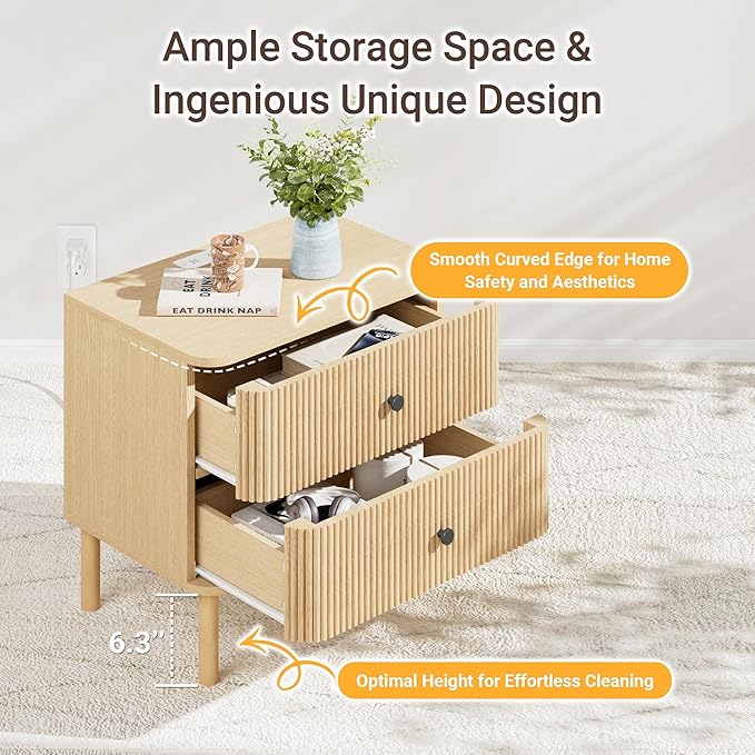 FavourLife Night Stand with Charging Station, 24" Large Fluted Nightstand with Rounded Corners & Solid Wood Legs, 2 Drawers End Table, Mid Century Modern Bedside Table for Bedroom, Natural Oak