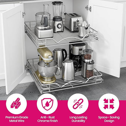 HOLDN’ STORAGE Two Tier Pull Out Cabinet Organizer, Individual Sliding Drawers - Heavy Duty Metal with Lifetime Limited Warranty - Anti Rust Chrome Finish - 28" W x 21”D x 16.5" H