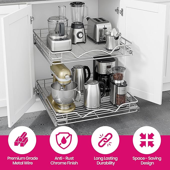 HOLDN’ STORAGE Two Tier Pull Out Cabinet Organizer, Individual Sliding Drawers - Heavy Duty Metal with Lifetime Limited Warranty - Anti Rust Chrome Finish - 17" W x 21”D x 16.5" H