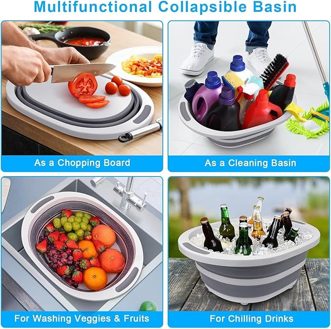 BBQ Prep Tub with Lid, Collapsible Wash Basin 7.5L Dish Tub Sink Basin, 2-in-1 Cutting Board Foldable Dish Pans for Kitchen Sink Camping Picnic Fruits Washing Smoker RV Accessories Kitchen Gadgets