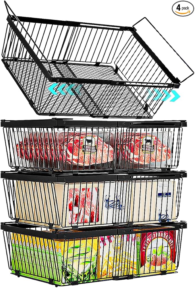 ANJUBAN Large Freezer Organizer Bins，Upgraded Bottom Leak-Proof net，Fit 10 to 20 Cu.Ft Deep Freezer，4Pack， Expandable Stackable Chest Freezer Organizer Bins , for Fridge, Deep Freezer, Cabinet