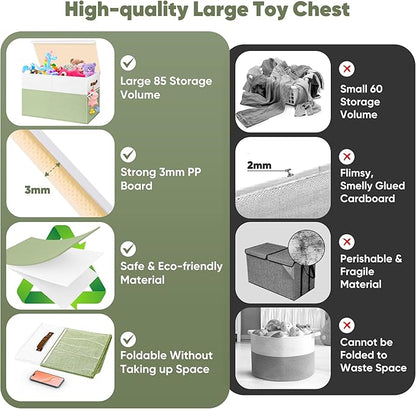 Large Toy Storage Box, Collapsible Sturdy Toys Storage Chest With Mesh, 25x13x16 Kids Toy Storage Organizer, Extra Large Toy Chest Box Bin Basket for Kids, Boys, Girls, Nursery(Green and White)