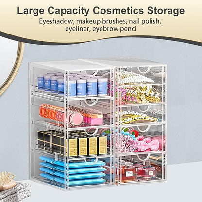 Acrylic Drawer Organizer with 10 Drawers, 2 Set Craft Organizers and Storage, Clear Storage Drawers, Desk Drawer Organizer for Vanity, Office Supplies, Jewelry, Pen