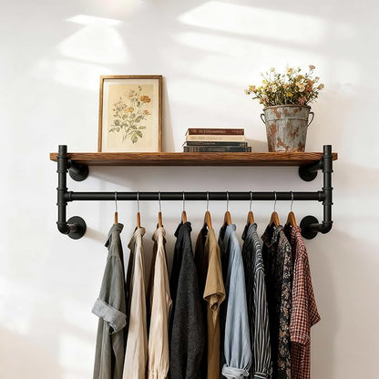 WEBI Wall Mounted Clothes Rack with Shelf,36" Industrial Pipe Clothing Rack with Shelf with Hanging Rod,Heavy Duty Iron Garment Rack Bar,Retail Display Clothes Rod for Laundry Room,Closet,Black