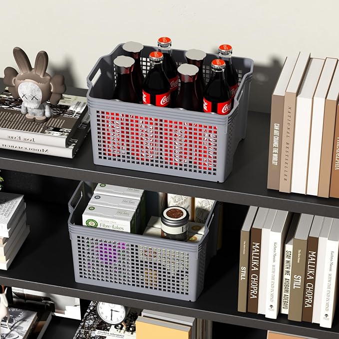 6 Packs Stackable Storage Baskets, Rectangle Stacking Baskets, Plastic Storage Baskets for Shelves, Grey