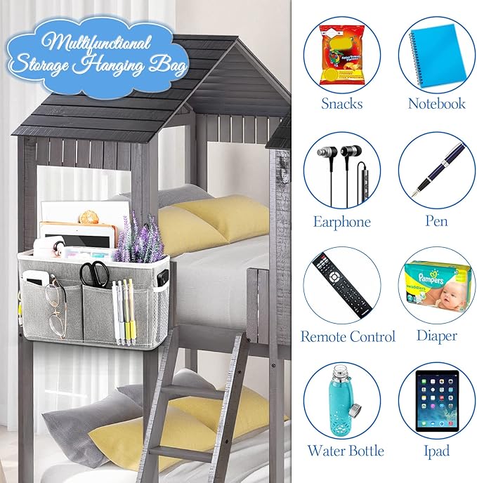 Retyion Bedside Caddy Bedside Hanging Storage Basket Bed Caddy for Headboards Bunk Dorm Rooms Crib Beds Rails Organizer (Grey)