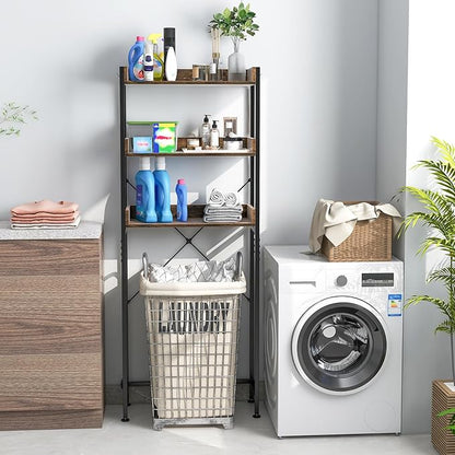 LOKO 3-Tier Over The Toilet Storage Rack, Bathroom Space Saver Shelf, Freestanding Above Toilet Organizer with 4 Hooks, Anti-Tipping Device, Metal Frame Toilet Rack for Balcony Laundry (Brown+Black)