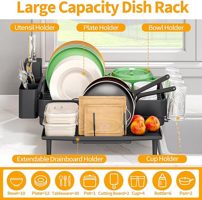 Urackify Dish Rack for Kitchen Counter, 304 Stainless Steel Dish Drying Rack, Expandable Dish Drainer, Foldable Kitchen Storage Organizer with Cutlery Holder, Plate Rack, Black
