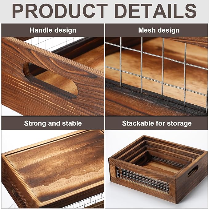 4 Pcs Wooden Nesting Countertop Baskets 4 Size Wooden Storage Box with Handle and Metal Wire Multipurpose Wood Organizer Crate for Fruit Vegetable Kitchen Cabinet Bathroom(Walnut,Small)