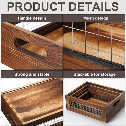 4 Pcs Wooden Nesting Countertop Baskets 4 Size Wooden Storage Box with Handle and Metal Wire Multipurpose Wood Organizer Crate for Fruit Vegetable Kitchen Cabinet Bathroom(Walnut,Small)